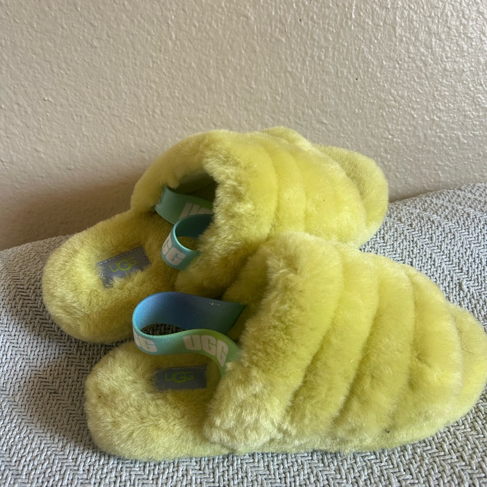 UGG Fluff Yeah Slide Slippers – Yellow with Ombre Logo Strap – Size 4 (Eur 36)